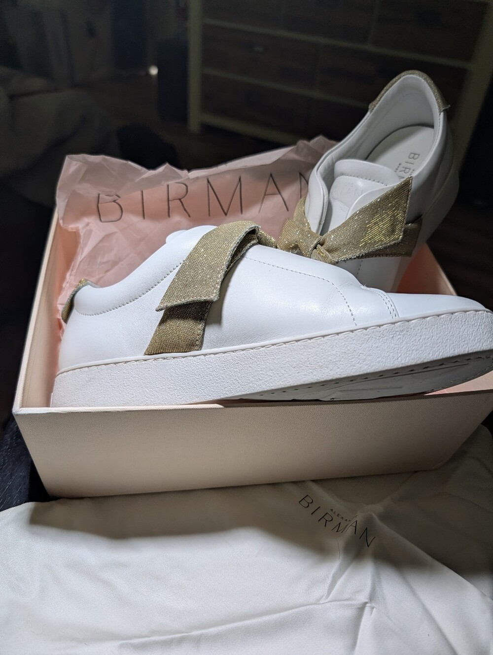 ​Alexandre Birman Clarita White Leather Metallic Gold Bow Sneakers Box Dust Bag